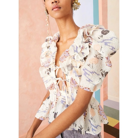 NWOT Ulla Johnson Puff-Sleeve Ruffle Peplum Silk-Blend Fannie Floral Top - Picture 3 of 7